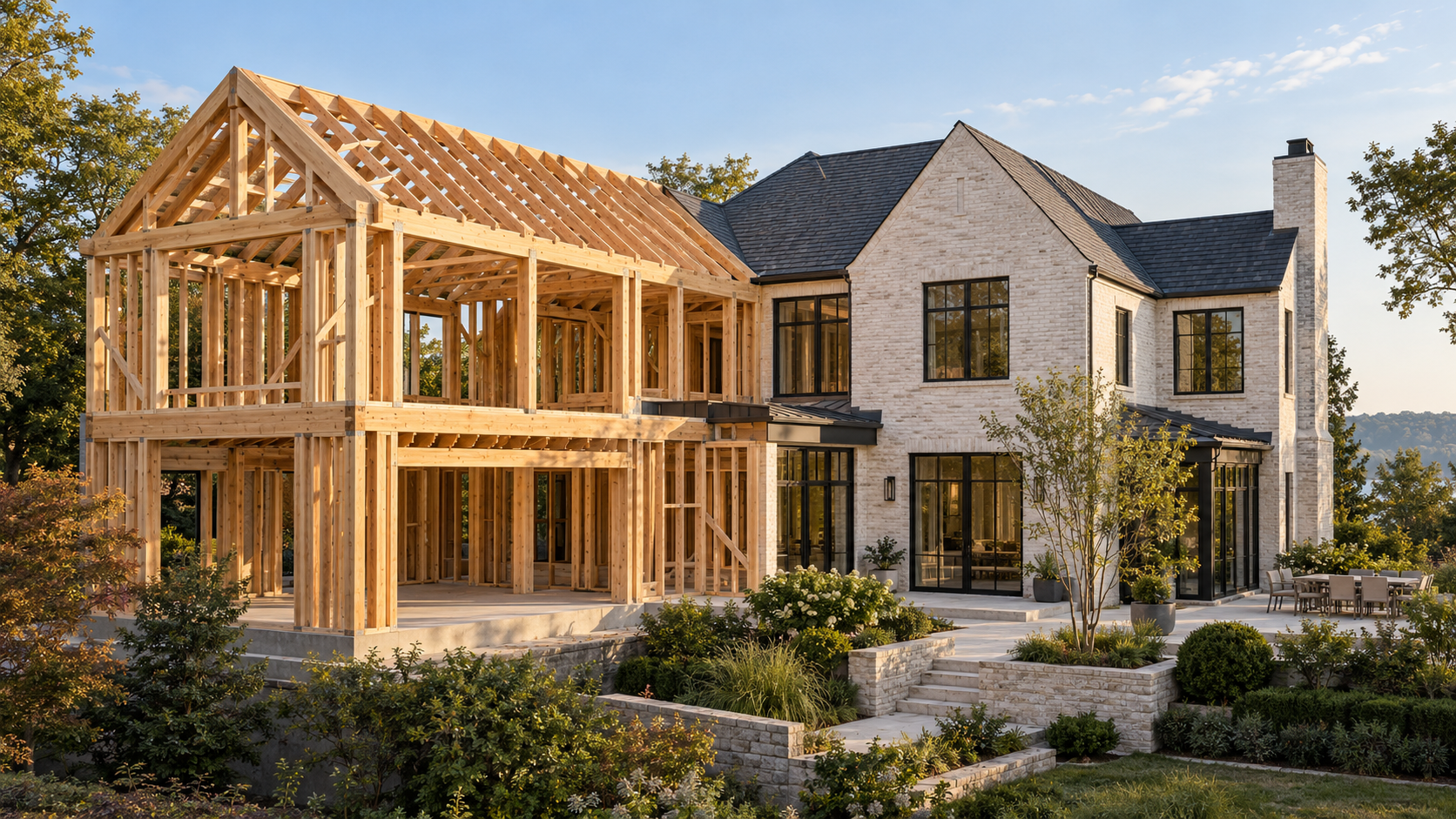 Illustrative residential addition with exposed timber framing beside a completed home